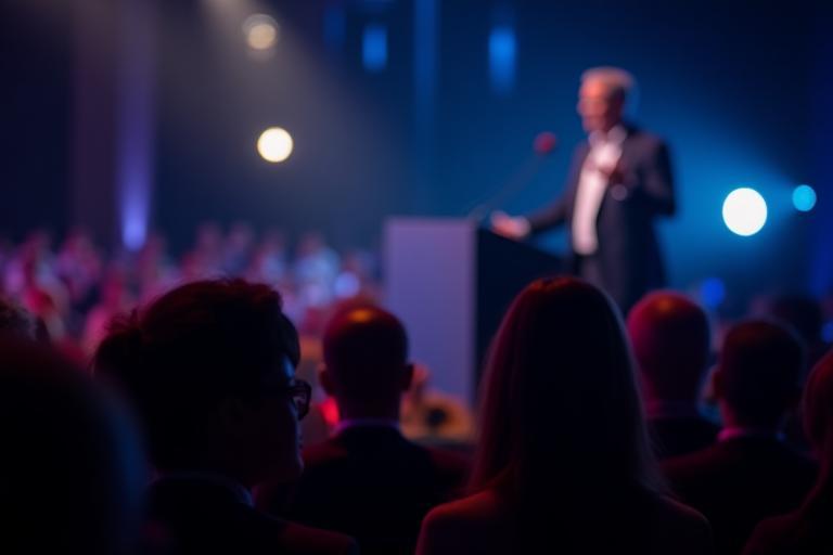 Speaker at a corporate event on stage, engaging audience