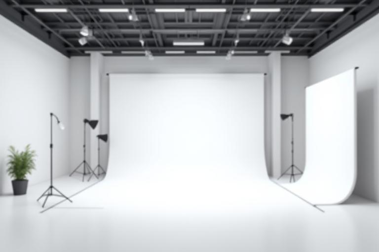 Wide shot of Svetlina Photo Studio rental space with equipment setup and cyclorama